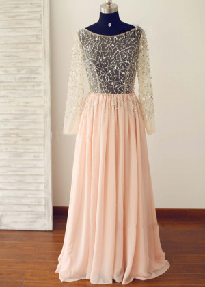 Peach Pink Chiffon Beading Sheer Prom Dress